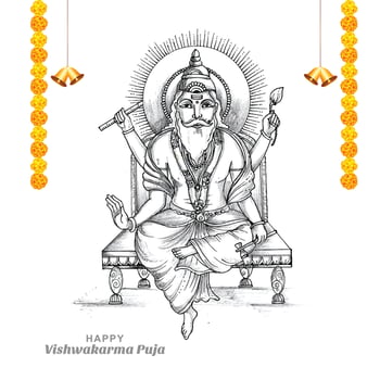Hand draw hindu god vishwakarma sketch and vishwakarma puja celebration design vector