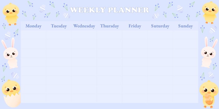 Printable childish weekly planner for kids on blue background with cute bunny and chick characters, flowers and easter eggs around, colorful Easter concept for organizer or timetable vector