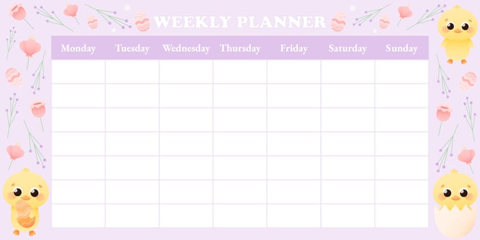 Cute childish spring weekly planner with animal character - chick and flowers around on violet background, printable timetable or diary page, Easter concept, organizer template for kids vector