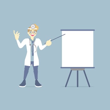 male doctor making presentation, pointing at blank flip board chart, health care concept for hospital, flat character design, vector illustration