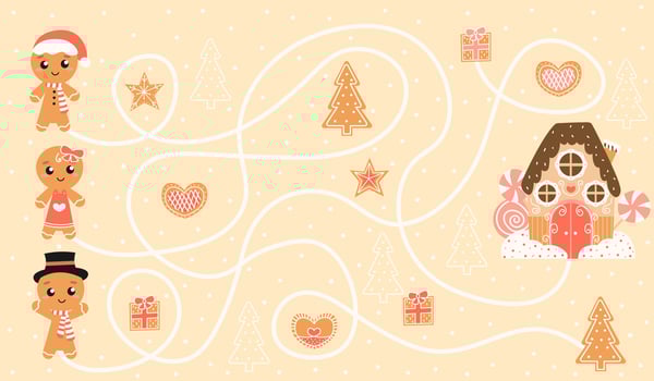 Educational game for kids, help to find gingerbread man cookies right way to house, printable worksheet in cartoon style, winter holidays indoor activity, Christmas theme riddle vector