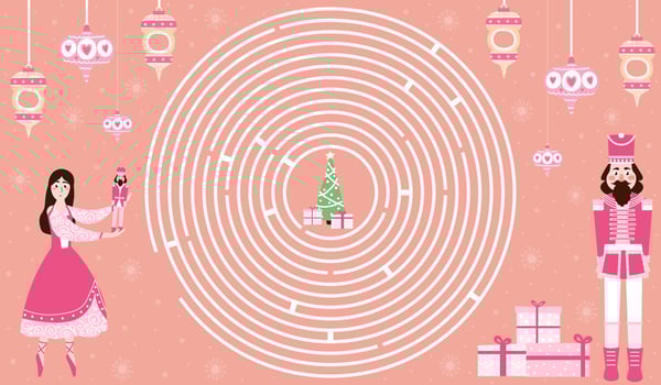 Christmas circle maze with nutcracker character and ballerina, help to find right way to xmas tree, printable logical worksheet for kids for winter holidays on pink background vector