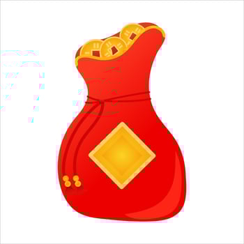 Chinese red lucky bag with money and coins isolated on white background, lunar new year element in cartoon style vector