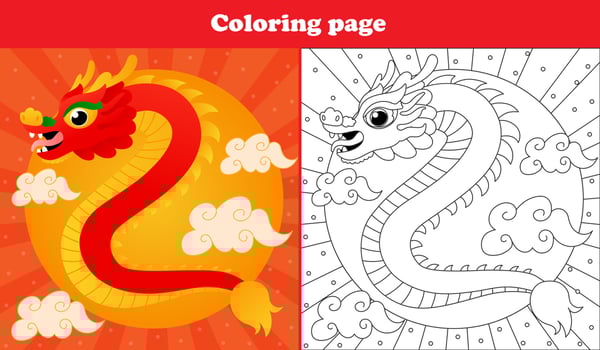 Printable worksheet with coloring page for kids with traditional chinese dragon in oriental style with clouds and sun in cartoon style vector