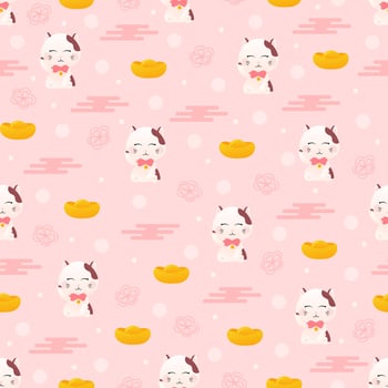 Lucky japanese cat with ingots, maneki neko in childsh cartoon style on pink background, seamless pattern vector