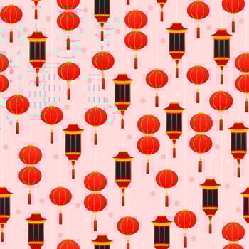 Chinese red lanterns seamless pattern on pink background in cartoon style for print or wallpaper, lunar new year vector