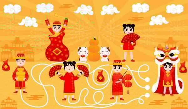 Find way puzzle game for kids for lunar new year, printable worksheet with kids in traditional Chinese costumes vector