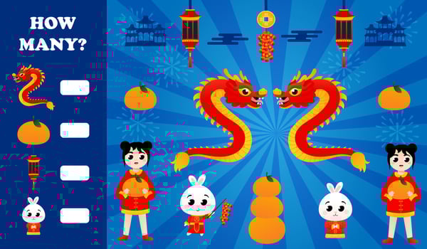 How many puzzle printable worksheet for kids with dragons and cute rabbits characters, lanterns and tangerines vector