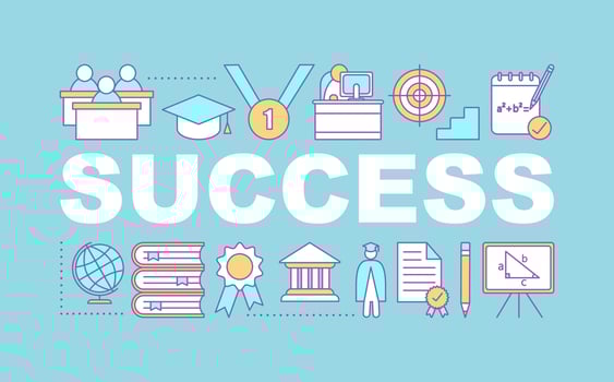Success word concepts banner. Education. Goal achieving. Isolated lettering typography idea with linear icons. Gaining knowledge. Skill improvement. Vector outline illustration