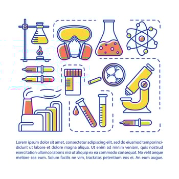 Chemicals industry article page vector template. Scientificresearch. Brochure, magazine, booklet design element with linear icons and text boxes. Print design. Concept illustrations with text space