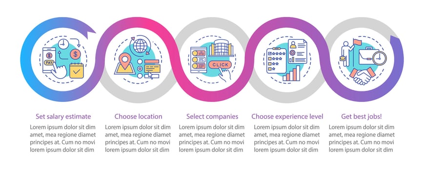 Searching part time jobs vector infographic template. Business presentation design elements. Data visualization with five steps and options. Process timeline chart. Workflow layout with linear icons
