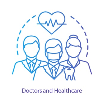 Healthcare, therapists concept icon. Medical workers, cardiologists, dentists in uniform idea thin line illustration. Health monitoring, control. Vector isolated outline drawing. Editable stroke