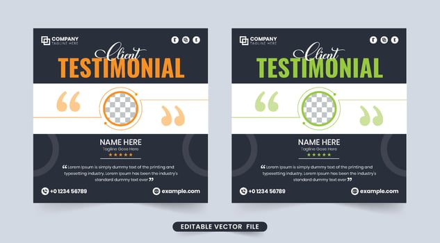 Creative website testimonial and client feedback review section vector with dark backgrounds. Customer service feedback and quote layout vector with a photo placeholder. Business client review design.