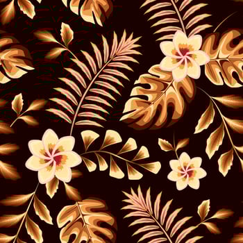 Watercolor style illustration topical seamless pattern with elegance forest and abstract beautiful flower on night background. Floral background. Exotic tropic. beach Summer themed design. spring vector