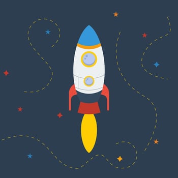 Editable Flying Rocket with Dashed Lines and Stars on Space Vector Illustration for Astronomy or Kids Art Related Purposes