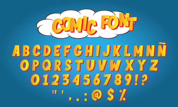 Comic style alphabet letters and numbers for titles, headlines, posters, comic or banners. Cartoon typographic font. Vector illustration