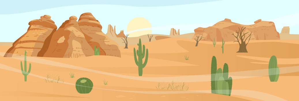 Desert landscape with cactus and sand rocks. Flat vector illustration.