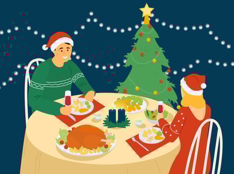 Couple Celebrating New Year Or Christmas Sitting At Table With Christmas Food. Vector Illustration.