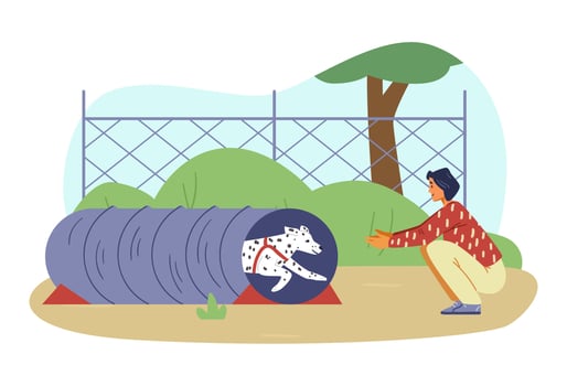 Woman training her dalmatian on agility field flat vector illustration. Dog runs out from agility tunnel.
