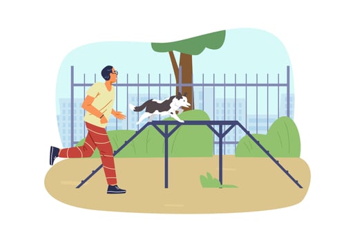 Man training his Border collie Dog on agility field flat vector illustration. Dog passing boarder slide, owner running alondside. Summer landscape.