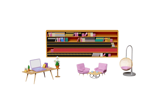 3d desk in office with laptop computer on table, textbook, book, coffee cup, sofa reception chair, book shelves in library, hanging chair isolated. 3d render illustration png