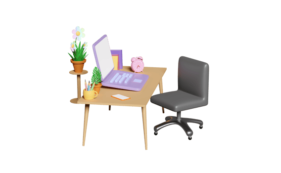 3d laptop computer on table with desk in office, coffee cup, plane, textbook, book, flower pot, office chair isolated. 3d render illustration png