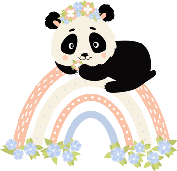 Cute panda on rainbow with flowers png