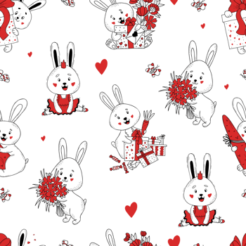 Seamless pattern with cute rabbit characters. Hand drawn doodle style png