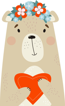 Cute bear in flower wreath with heart png