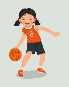 cute little girl with sportswear playing basketball dribbling the ball in action vector