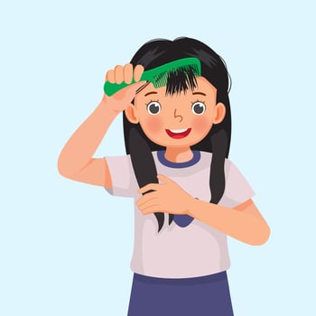 cute little girl holding comb enjoying combing her long hair vector