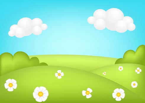 Meadow 3d vector illustration. Bright landscape of green valley kids background. Colorful cute scenery with  spring green grassland, trees, flowers, blue sky, clouds for children's sites.