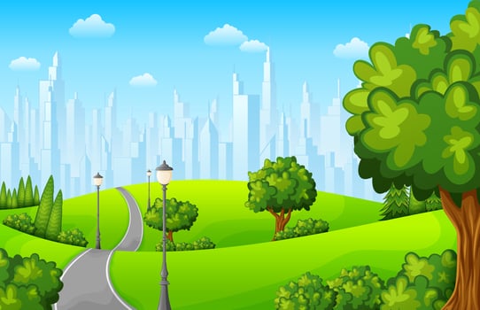 Green city park with bench and streetlight on suburban vector