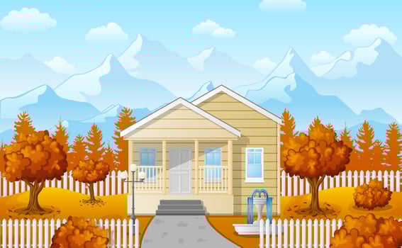 Vector illustration of Mountain landscape with family house in fall season