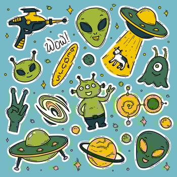 Aliens, unidentified flying object UFO vector doodle stickers set