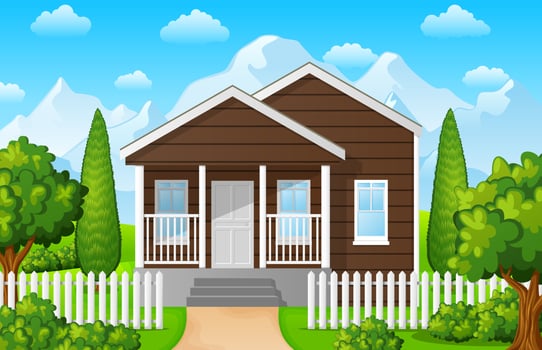 Vector illustration of Mountain landscape with family house on blue sky background