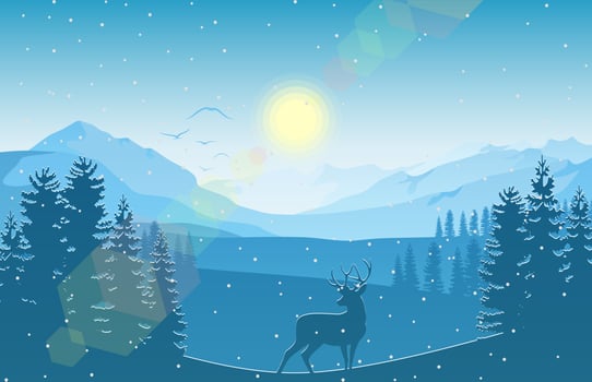 Winter mountain landscape with deer and forest at falling snow vector