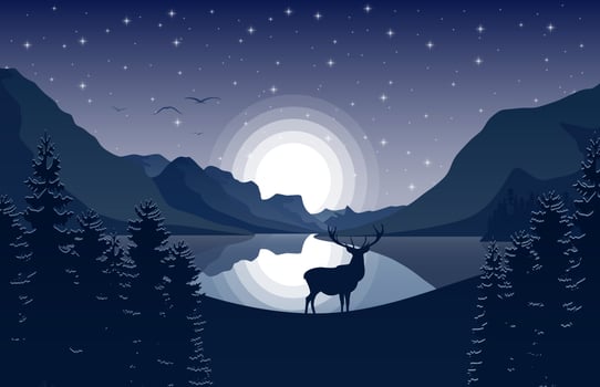 Mountain landscape with deer and forest at night vector