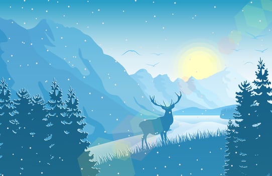 Winter mountain landscape with deer and forest at falling snow vector