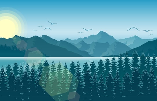 Vector illustration of Mountain landscape with deer and forest at morning