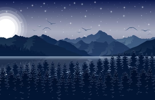Mountain landscape with deer and forest at night vector