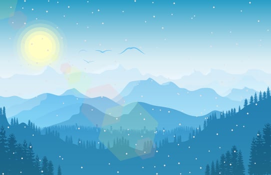 Winter mountain landscape with deer and forest at falling snow vector