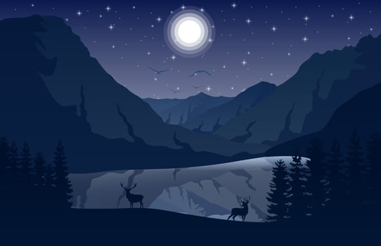 Mountain landscape with deer and forest at night vector