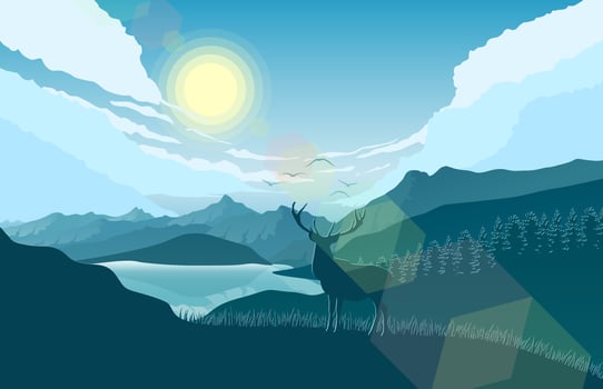 Vector illustration of Mountain landscape with deer and forest at morning