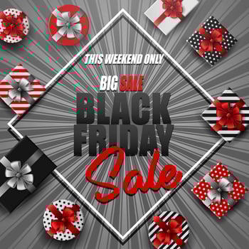 Vector illustration of Black Friday sale banner with different gift boxes and black ribbon