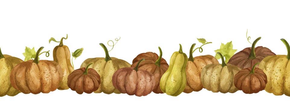 Watercolor seamless Border with orange Pumpkins for Thanksgiving Day Banner or Halloween design. Autumn hand painted illustration for harvest festival. Pattern with vegetables vector