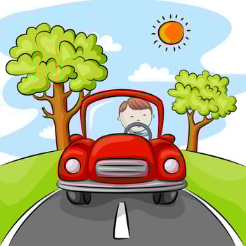 Little boy driving red car on the street vector