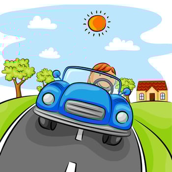 Little girl driving blue car on the street vector