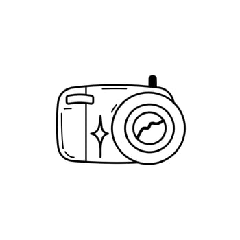 Hand drawn black and white photo camera. Cartoon device for photographing, decorative element. Flat vector illustration in doodle style.