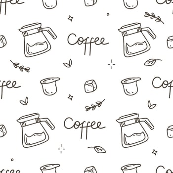 Coffee pattern with Turks and capsules on a white background. Vector illustration in doodle style